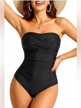 Smismivo Tummy Control Swimwear Strapless One Piece Swimsuit Ruched Bathing Suit